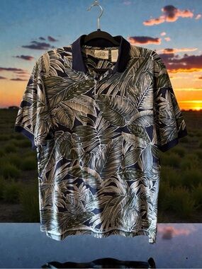 R & R Classics MENS Navy & Grey Tropical Leaf Print Short Sleeve Polo Shirt
